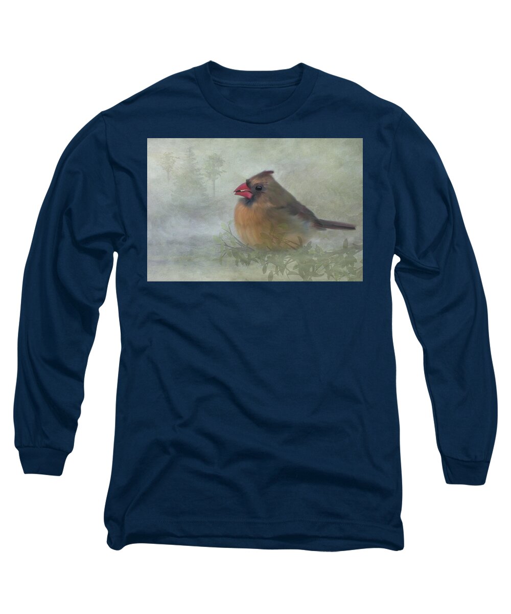 Female Cardinal Long Sleeve T-Shirt featuring the photograph Female Cardinal with Seed by Patti Deters