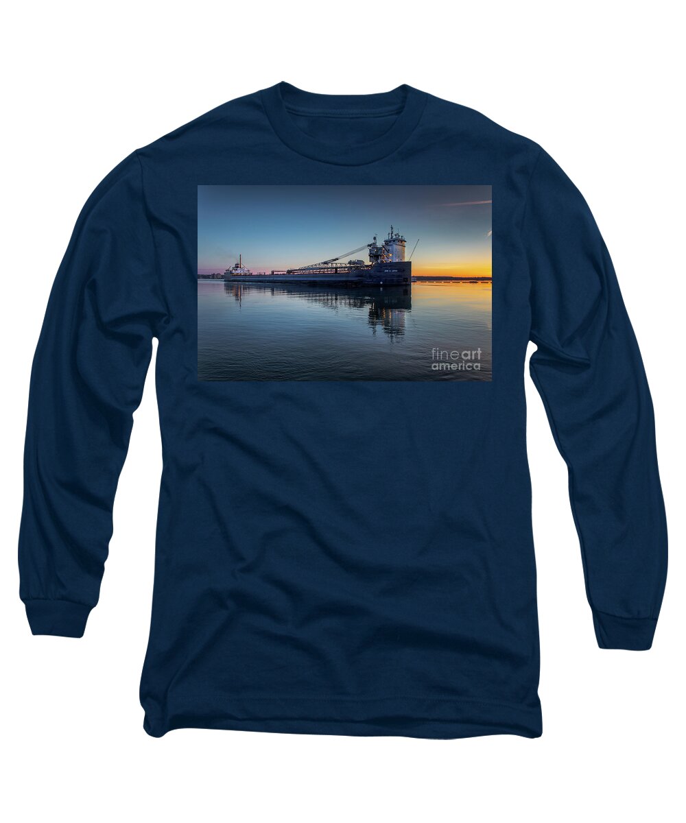John D. Leitch Long Sleeve T-Shirt featuring the photograph Great Lake Freighter John D. Leitch Sunrise-1747 by Norris Seward