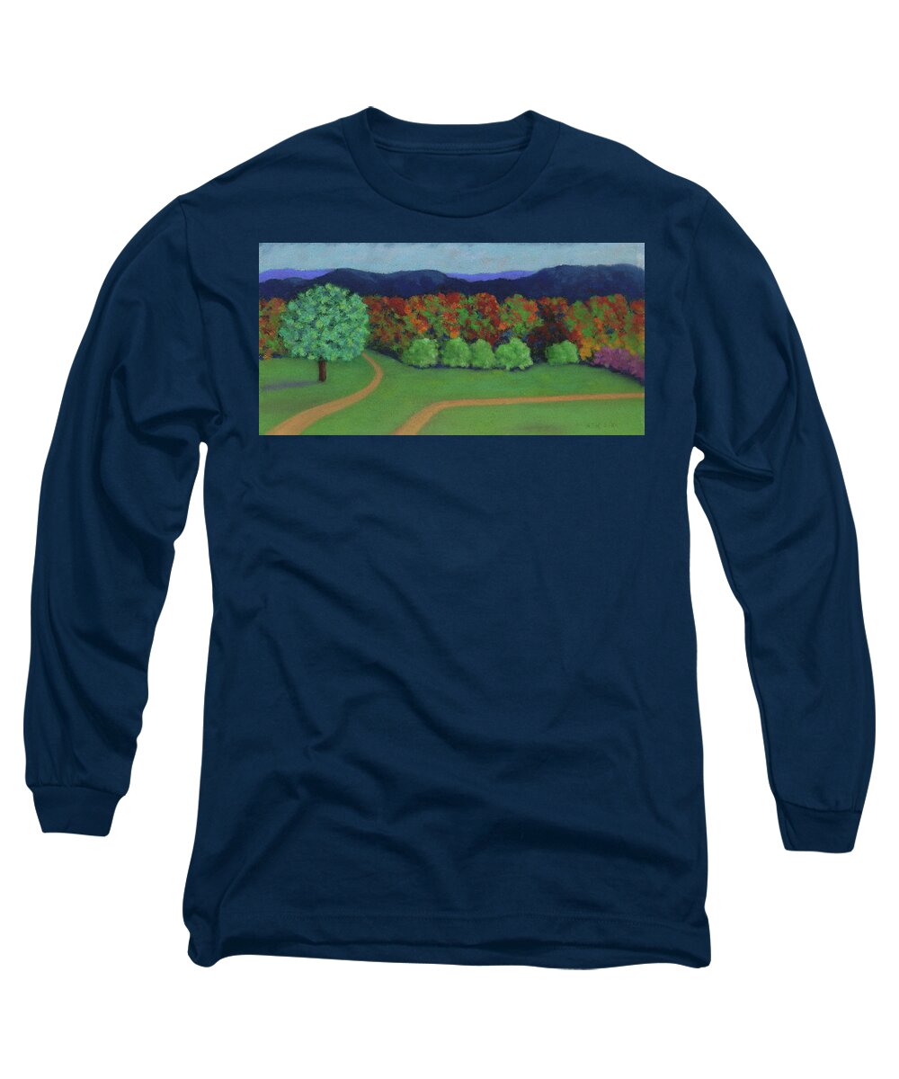 Pleinair Long Sleeve T-Shirt featuring the pastel Hutchins Farm in Fall by Anne Katzeff