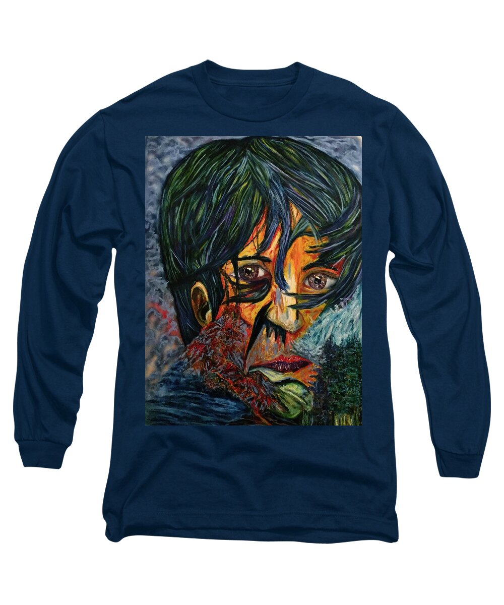 Oil Pastel Long Sleeve T-Shirt featuring the pastel In the Hall of the Mountain King-Portrait of Victor Guerrero by Angela Weddle