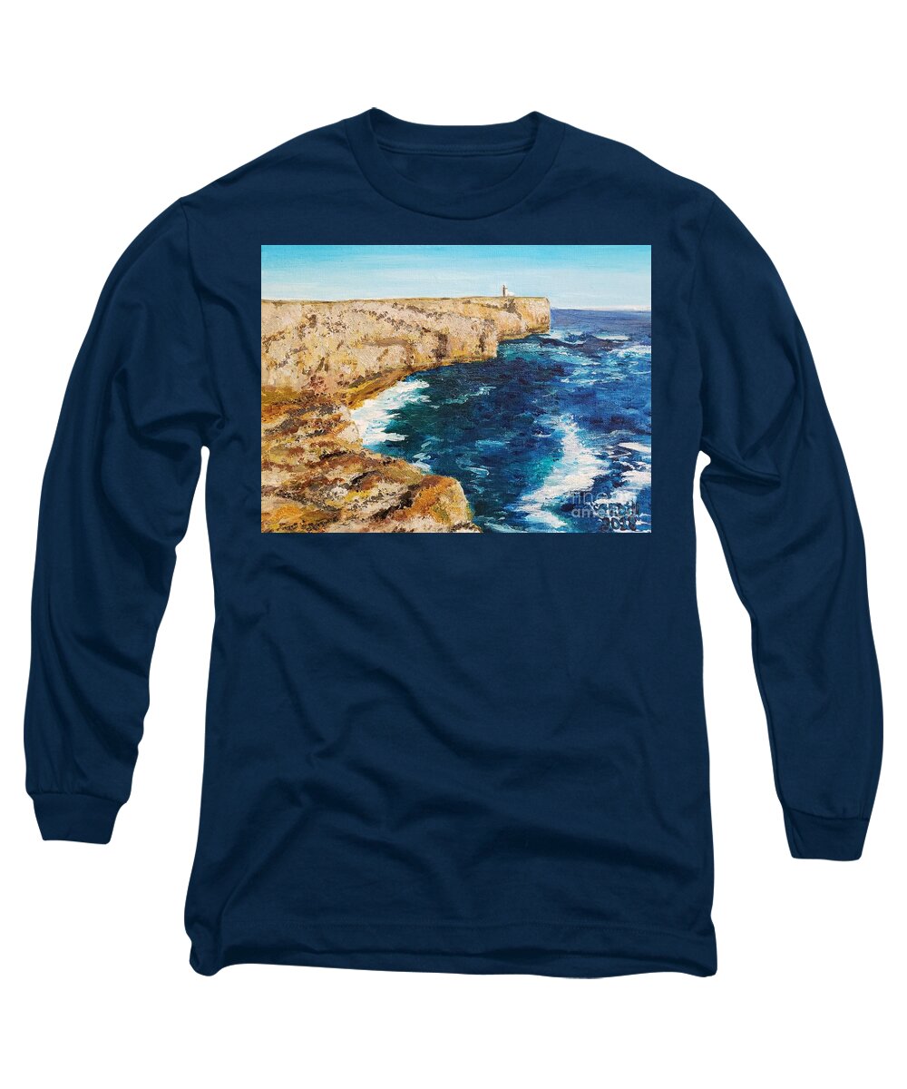Blue Long Sleeve T-Shirt featuring the painting Les Falaises du Portugal by C E Dill
