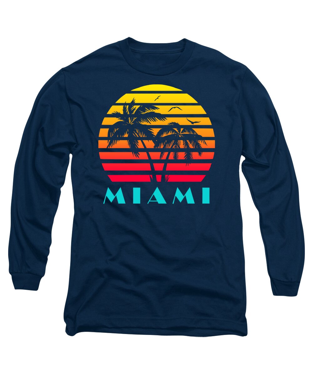 This Cool And Awesome Tee Shirt Features A Classic Vintage Sunset Inspired By Retro Vhs Tapes Of Famous Tv Shows And Movie Posters. Palm Trees And Seagulls In Front Of A Beautiful Tropical Sun That Glows In Yellow Long Sleeve T-Shirt featuring the digital art Miami 80s Tropical Sunset by Filip Schpindel