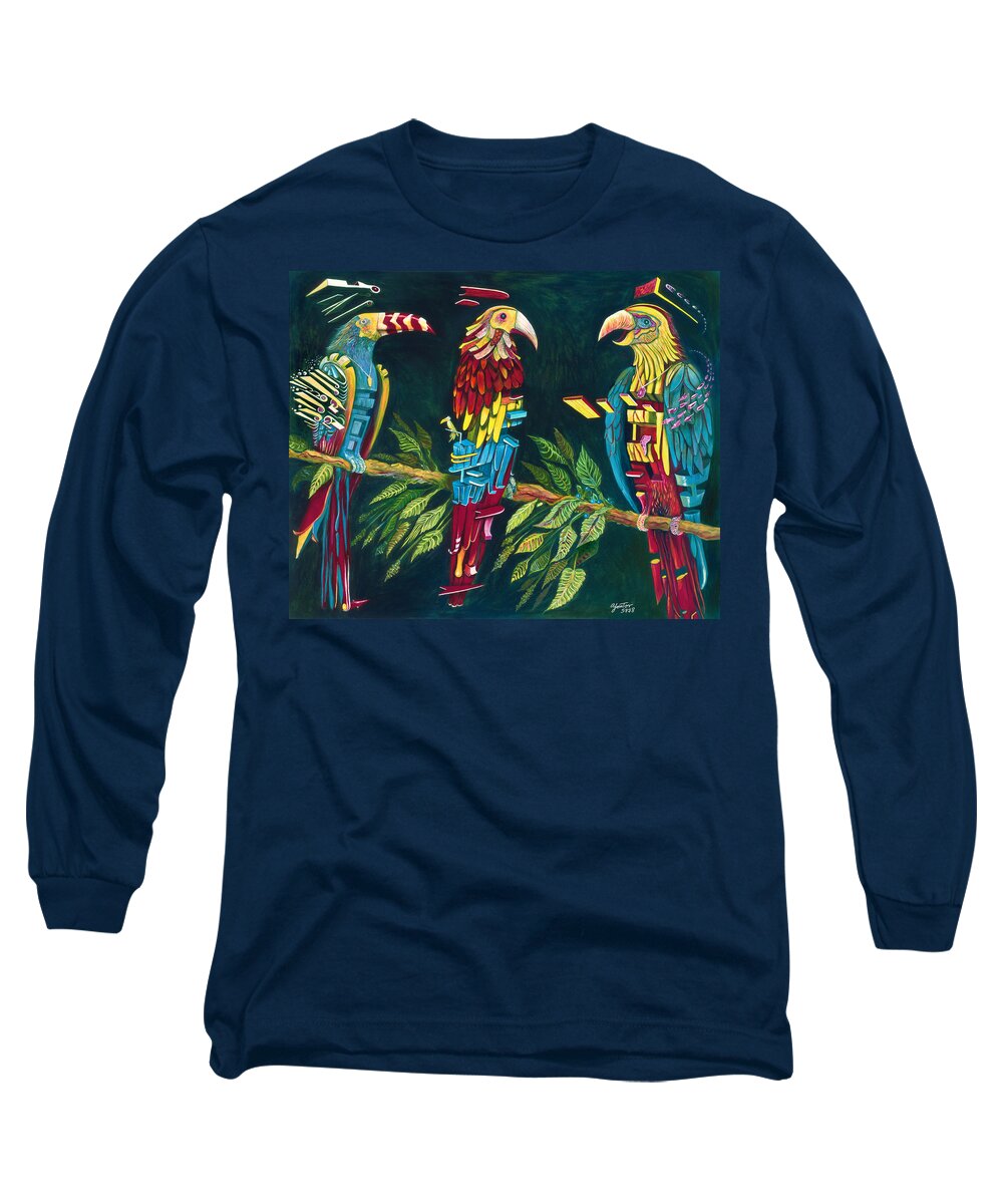 Parrots Long Sleeve T-Shirt featuring the painting Munton Parrots by Yom Tov Blumenthal