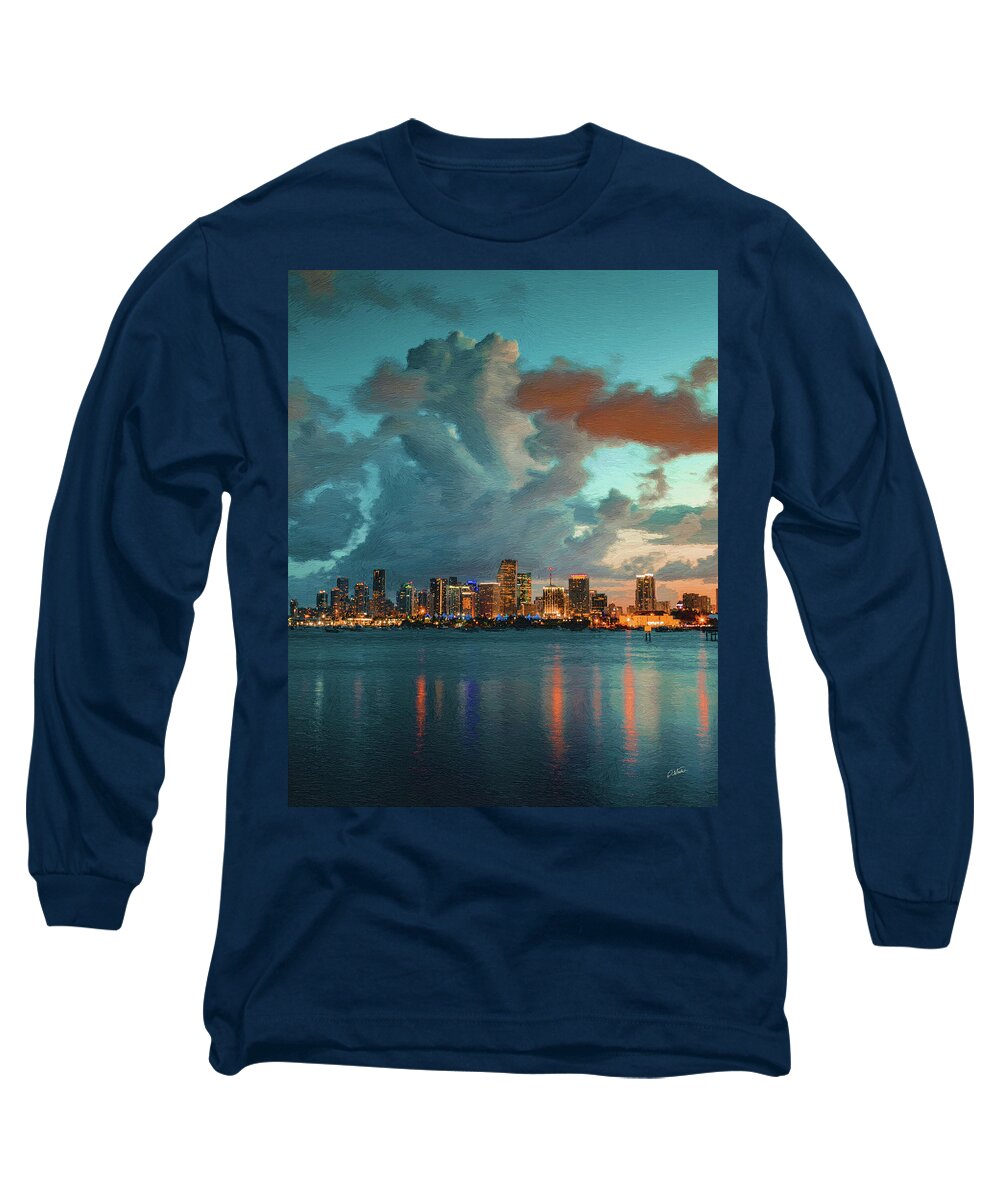 Landscape Long Sleeve T-Shirt featuring the painting Skyline Miami, USA by Dean Wittle