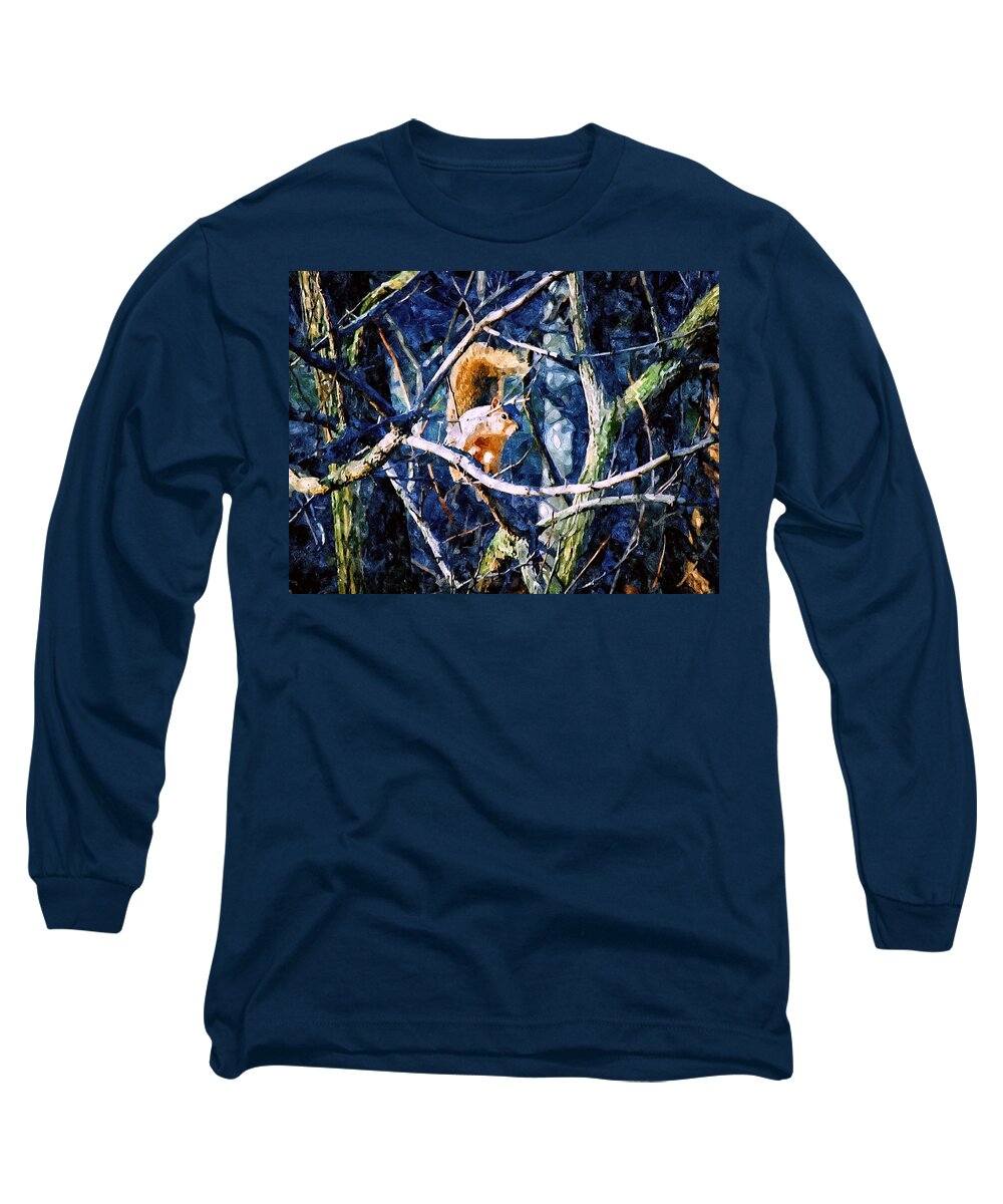 Squirrel Long Sleeve T-Shirt featuring the mixed media Squirrel in the Trees by Christopher Reed