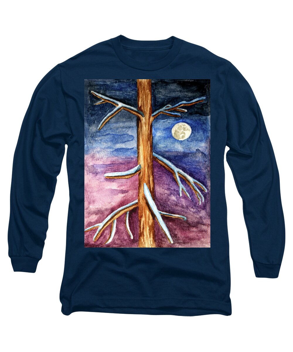 Nature Long Sleeve T-Shirt featuring the painting Tree in Winter Moonlight by Robert Morin