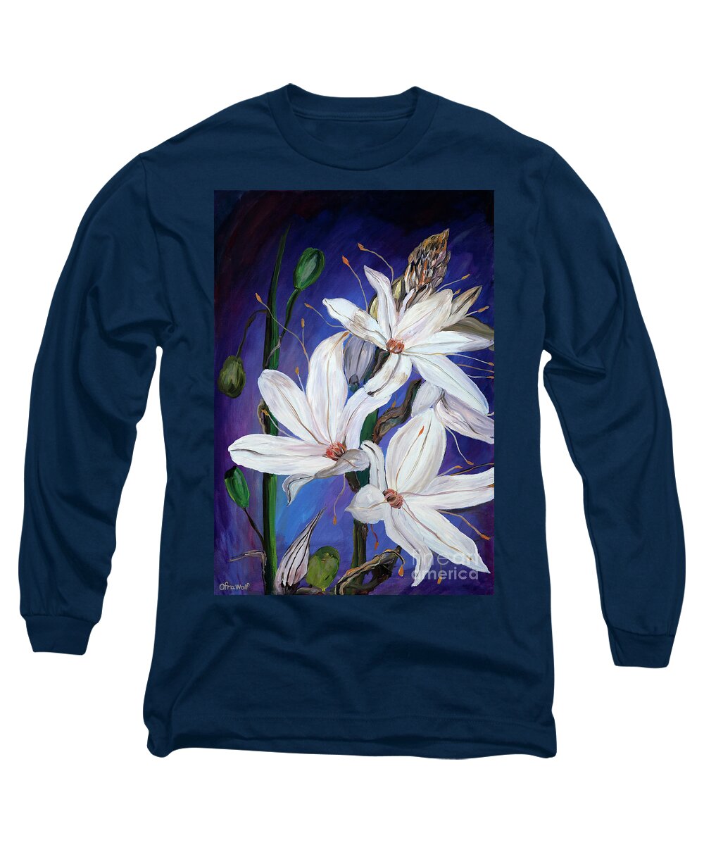Flower Long Sleeve T-Shirt featuring the drawing White flower by Ofra Wolf