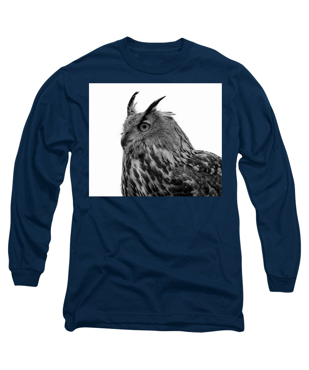  Long Sleeve T-Shirt featuring the pyrography Eagle Owl Black And White #1 by Marjolein Van Middelkoop