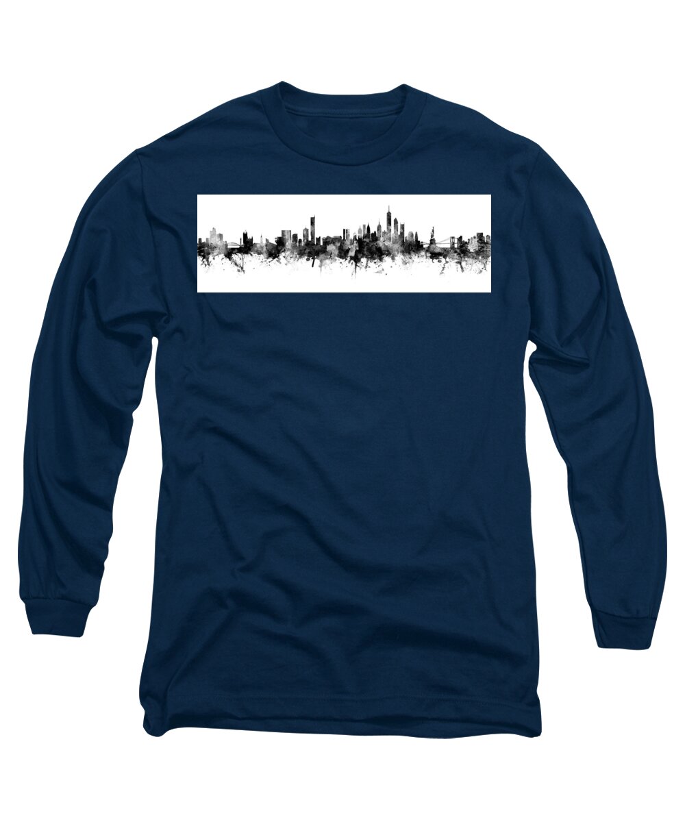Manchester Long Sleeve T-Shirt featuring the digital art Manchester and New York Skylines Mashup #1 by Michael Tompsett