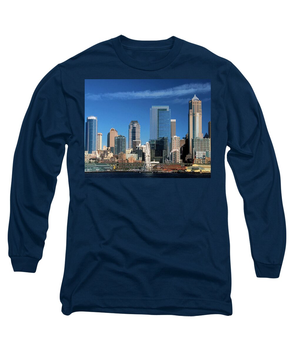Fine Art Long Sleeve T-Shirt featuring the mixed media Seattle Skyline #1 by Greg Sigrist