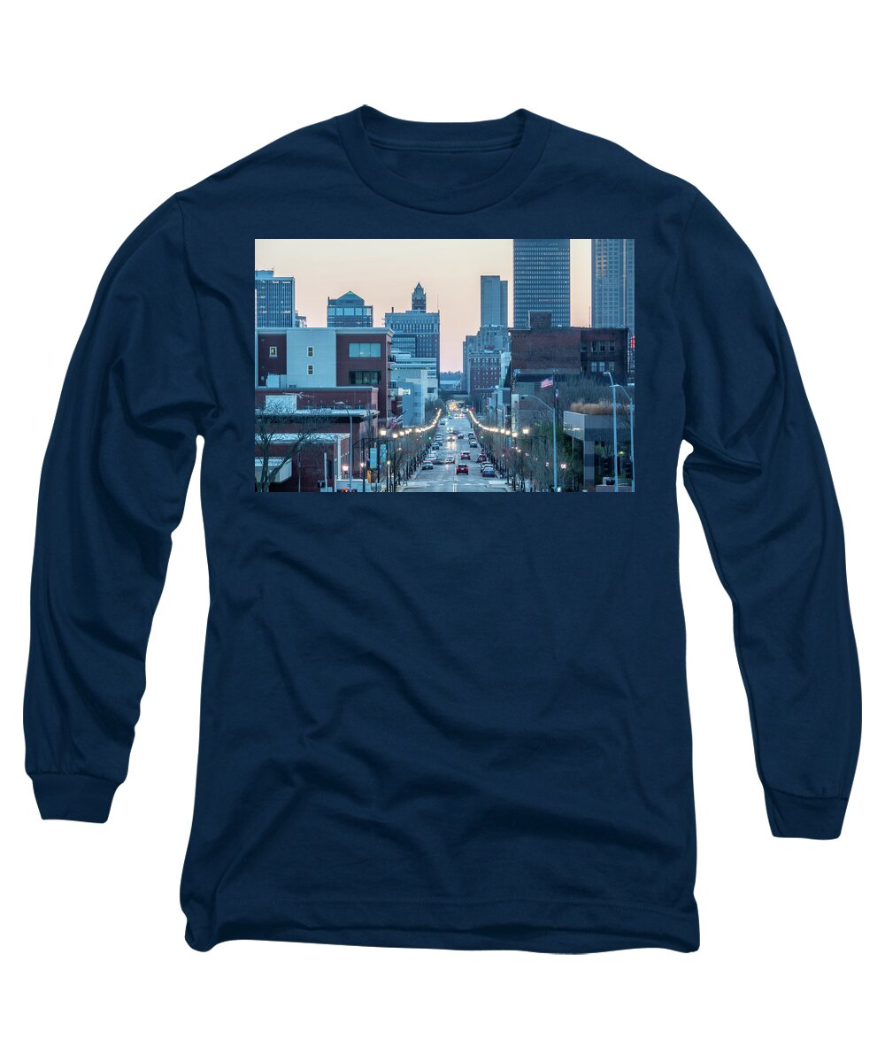  Long Sleeve T-Shirt featuring the photograph Des Moines Iowa skyline in USA at night #20 by Alex Grichenko