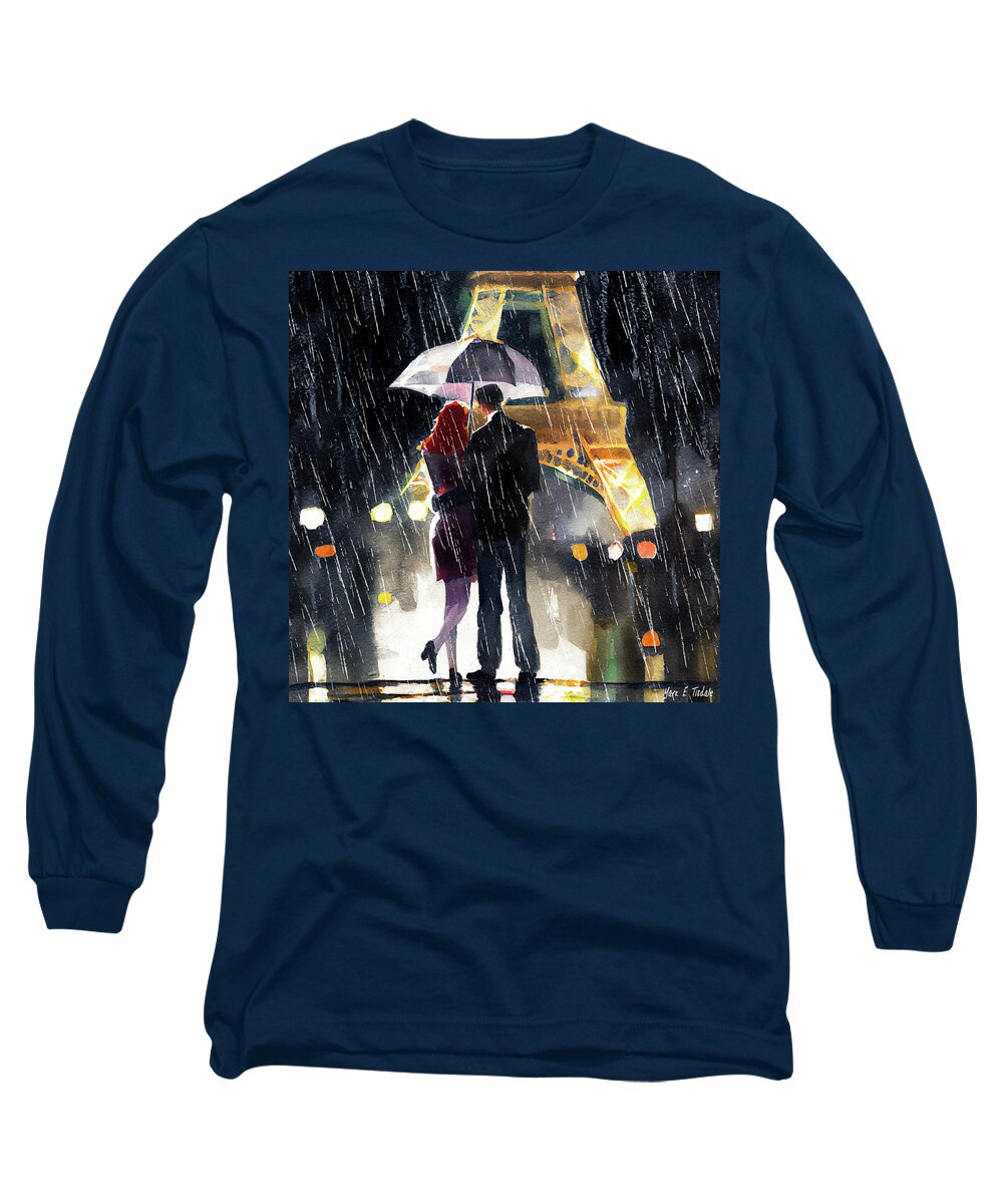 Eiffel Tower Long Sleeve T-Shirt featuring the digital art A Rainy Night in Paris Together by Mark Tisdale