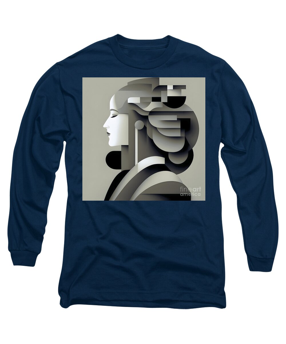 Abstract Long Sleeve T-Shirt featuring the digital art Art Deco Portrait - Sage 2 by Philip Preston