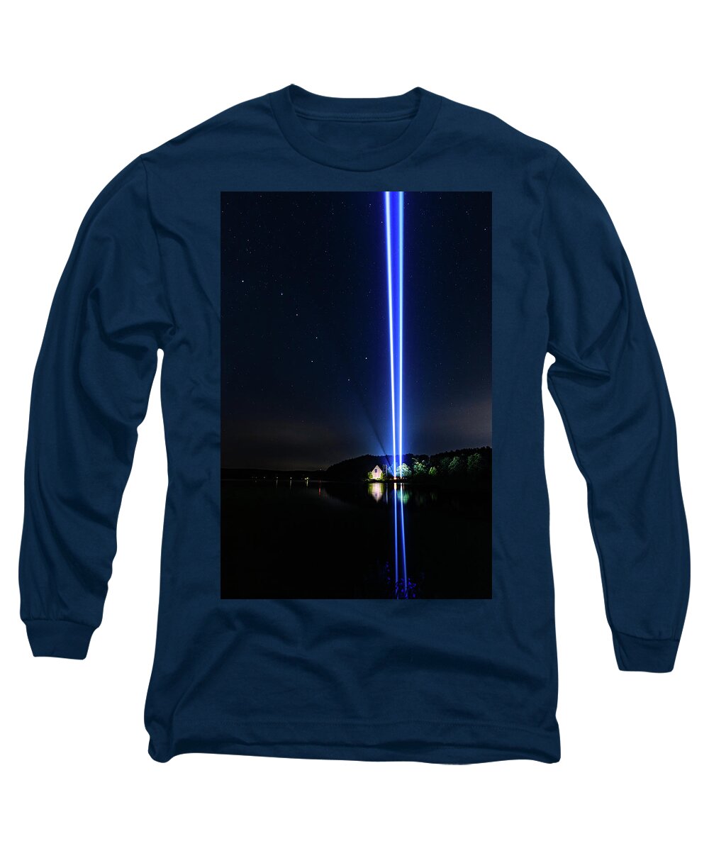 Big Dipper 9/11 911 Memorial Tribute Twin Towers Light Beam Beams Lightbeam Lightbeams Old Stone Church New England Newengland Usa U.s.a. America American Flag West W. Boylston Ma Mass Massachusetts Brian Hale Brianhalephoto Constellation Star Stars Starry Reflection Reflections Long Sleeve T-Shirt featuring the photograph Big Dipper - 911 Memorial by Brian Hale
