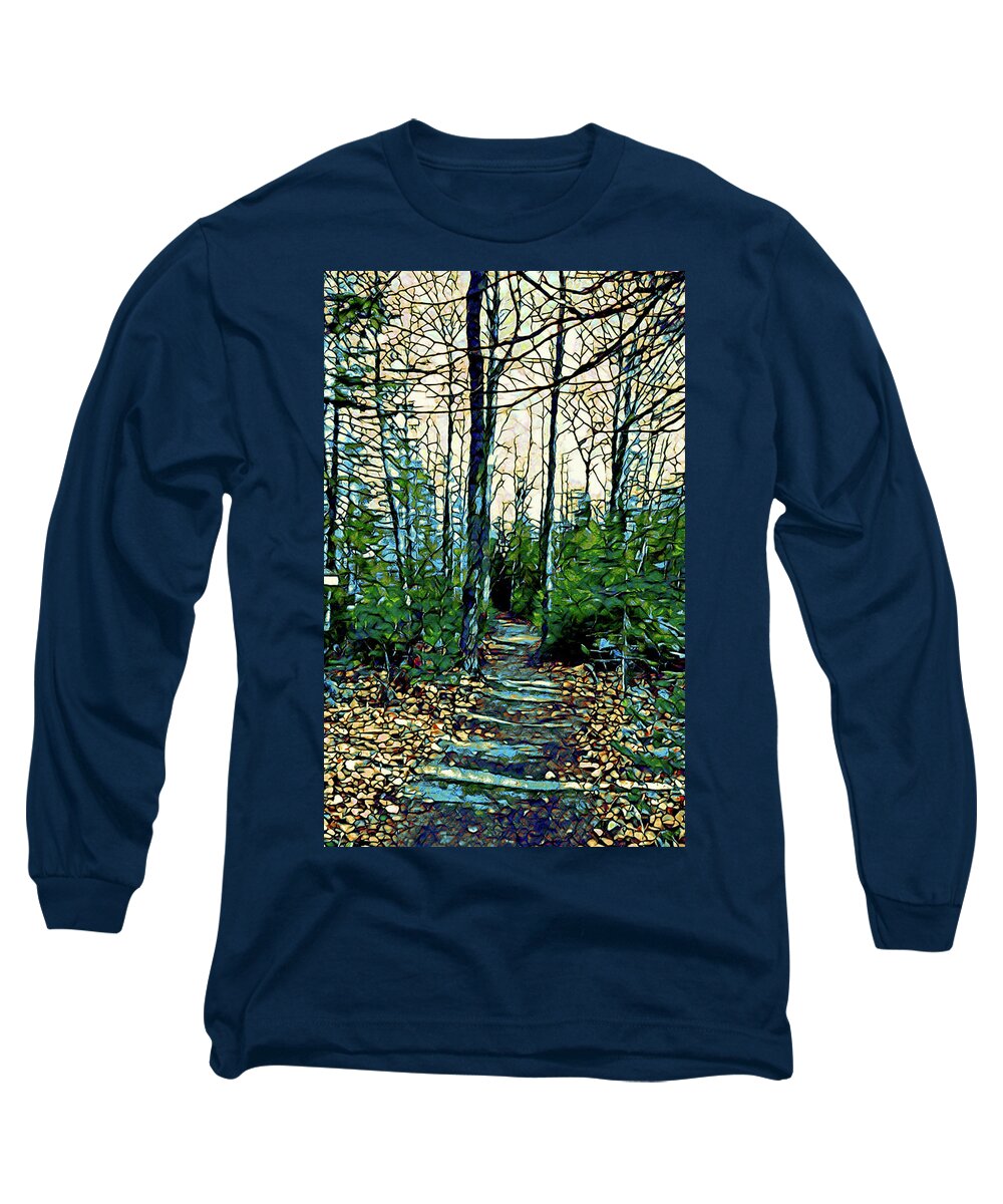 Forest Long Sleeve T-Shirt featuring the mixed media Blue Green Forest Design 257 by Lucie Dumas