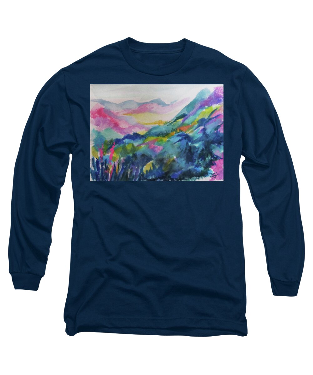 Colorful Watercolor Long Sleeve T-Shirt featuring the painting Blue Mountain Valley by Jean Batzell Fitzgerald