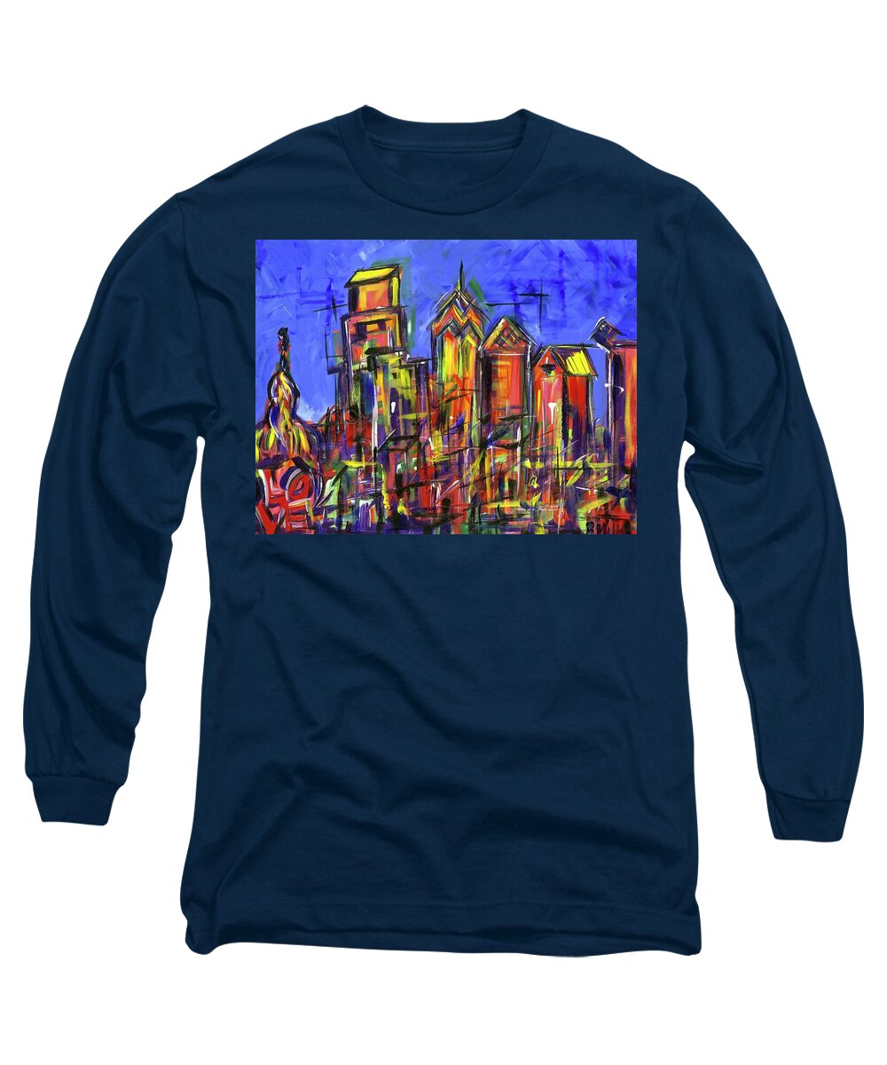 Philly Long Sleeve T-Shirt featuring the painting Blue Philadelphia Skyline with Love by Britt Miller