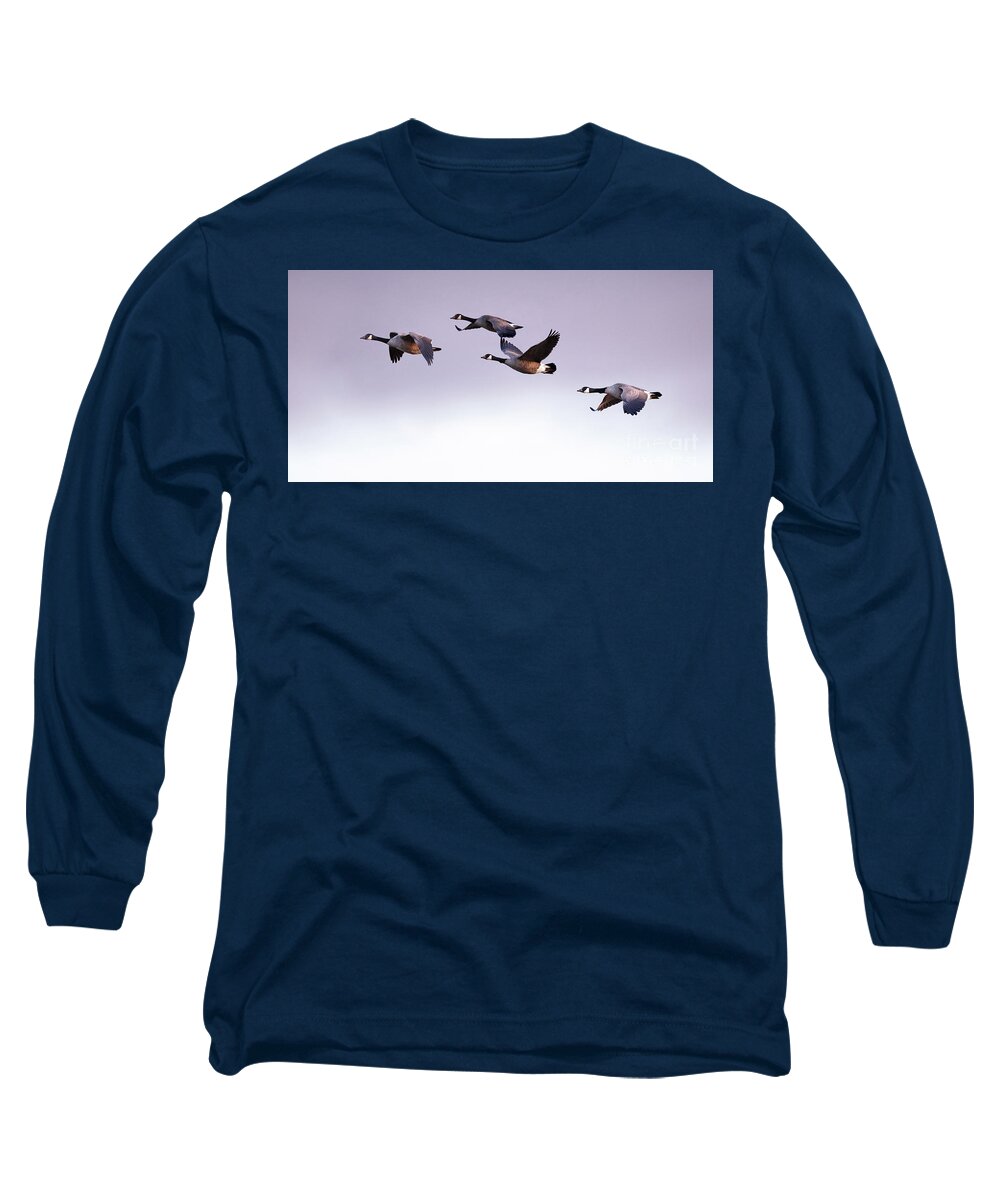 Winter Long Sleeve T-Shirt featuring the photograph Canada Geese in Flight by Rehna George