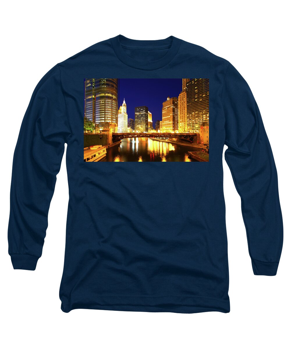 Chicago Skyline Long Sleeve T-Shirt featuring the photograph Chicago Skyline Night River by Patrick Malon