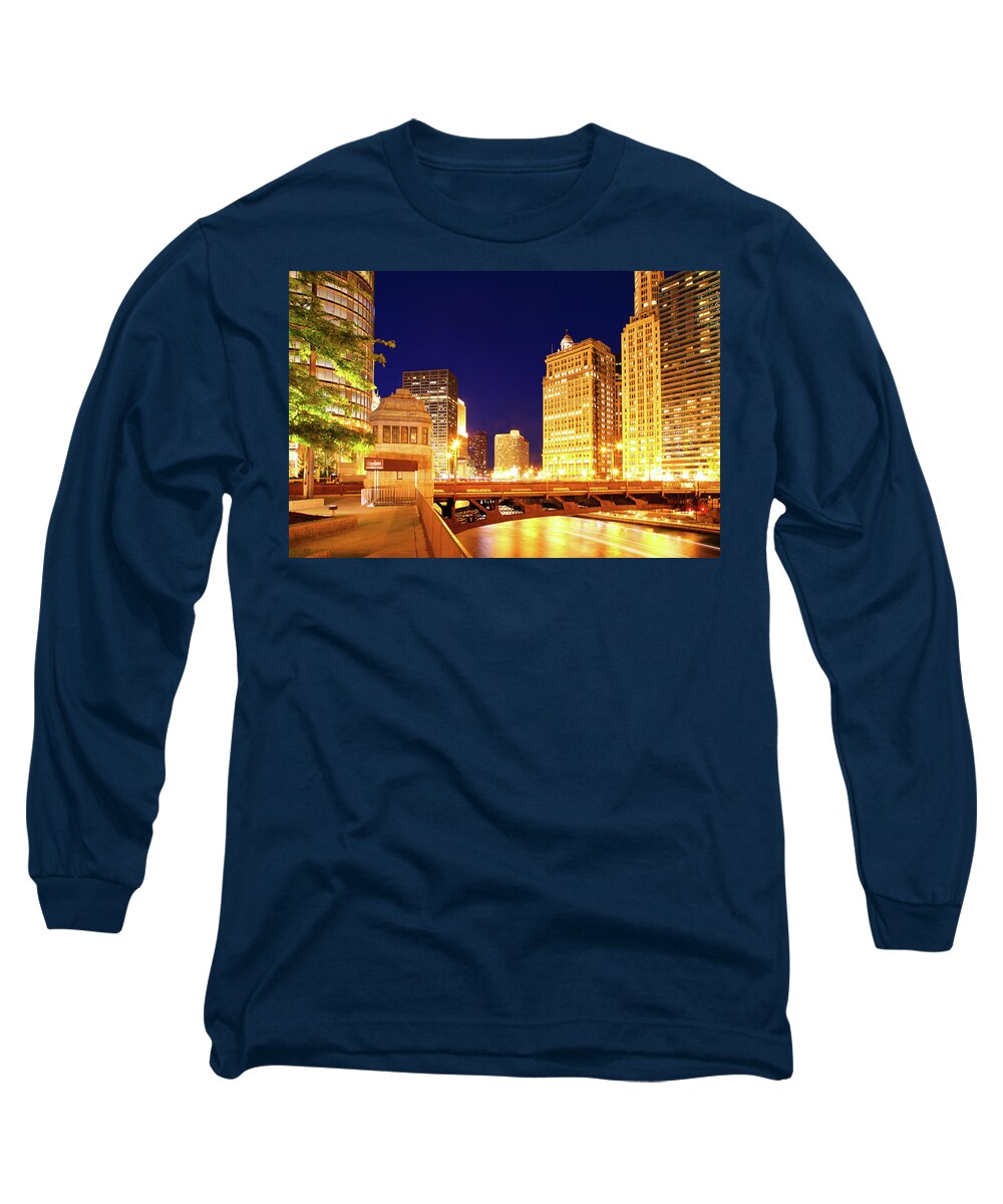 Chicago Skyline Long Sleeve T-Shirt featuring the photograph Chicago Skyline River Bridge Night by Patrick Malon