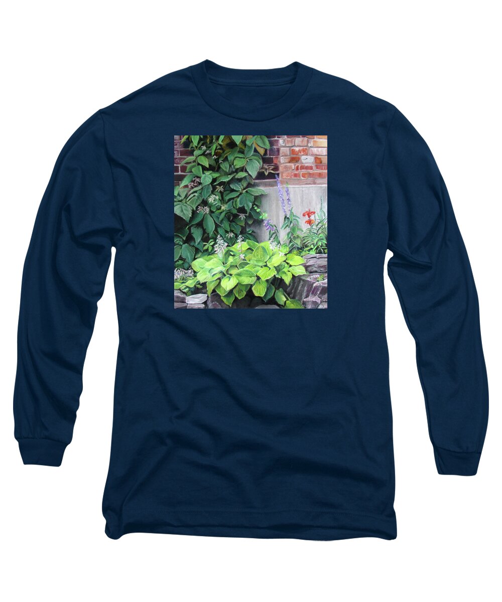 Garden Long Sleeve T-Shirt featuring the pastel Courtyard Garden by MaryJo Clark