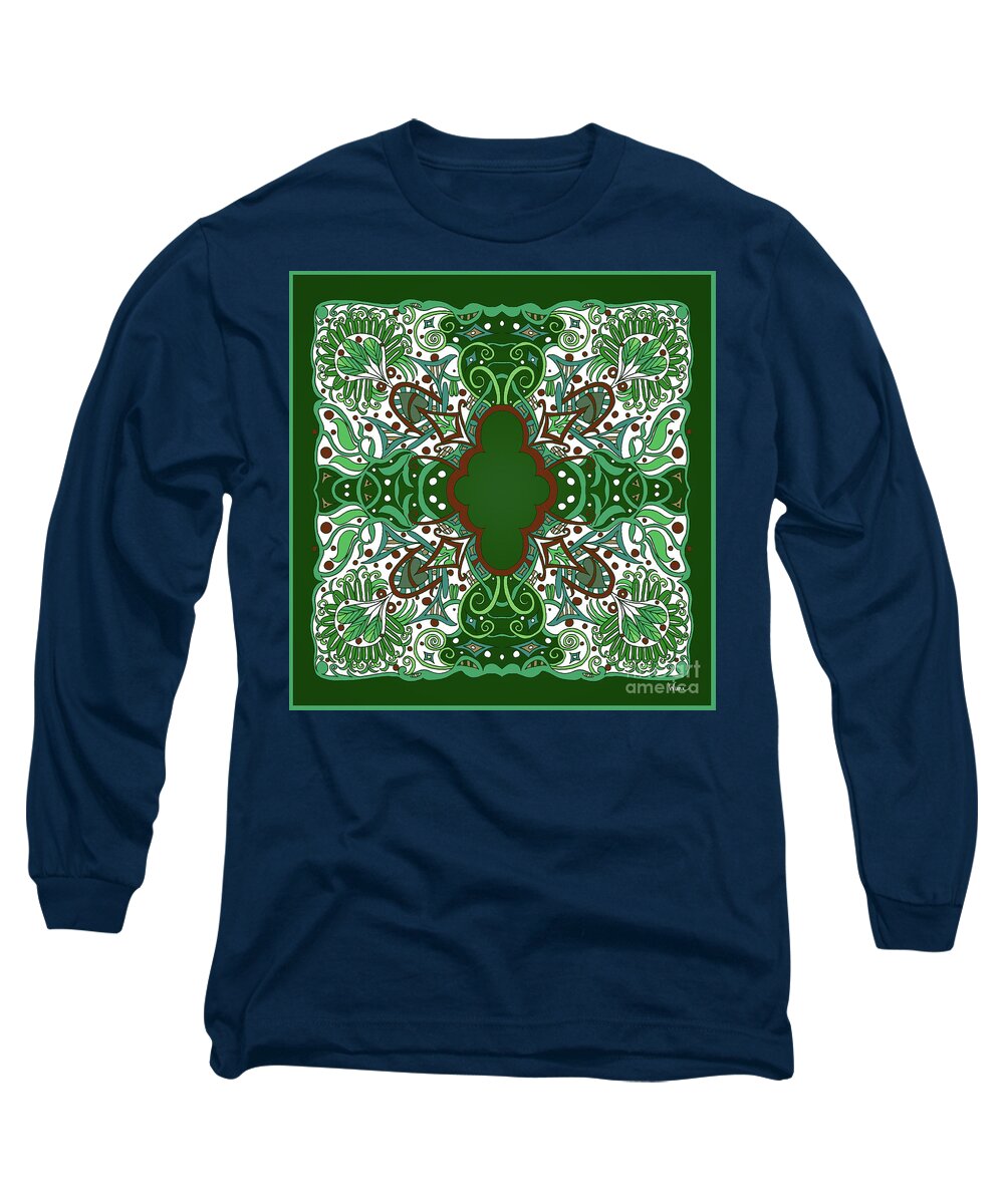 Pillow Design Long Sleeve T-Shirt featuring the mixed media Cross in Irish Green with Leaves,Berries and Fan by Lise Winne