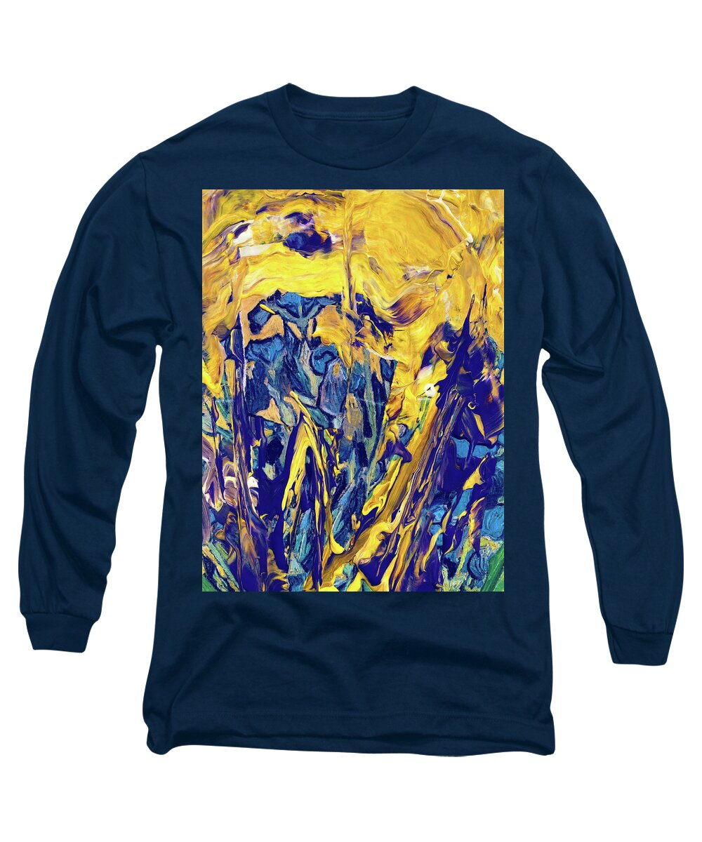 Painting Long Sleeve T-Shirt featuring the painting Explosion of yellow and blue by Nop Briex