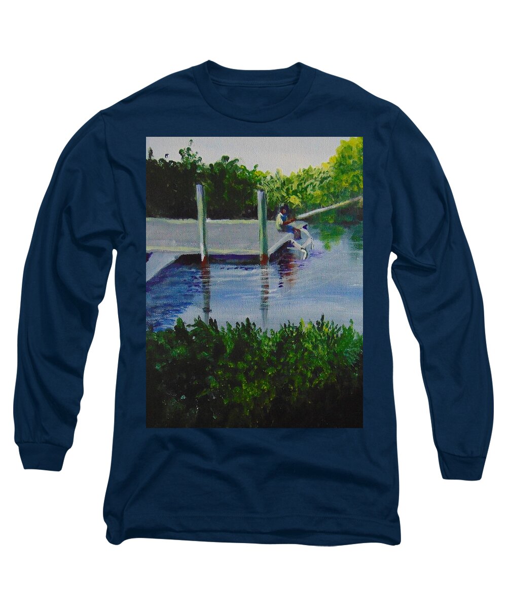 Fishing Long Sleeve T-Shirt featuring the painting Fishing by Saundra Johnson