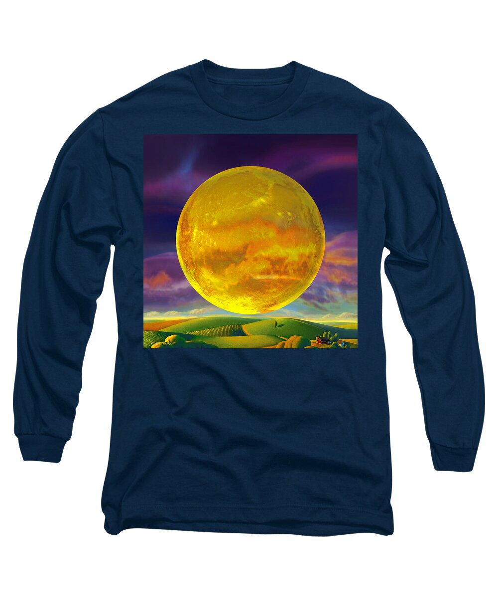 Moon Long Sleeve T-Shirt featuring the digital art Full Corn Moon Over Iowa by Robin Moline