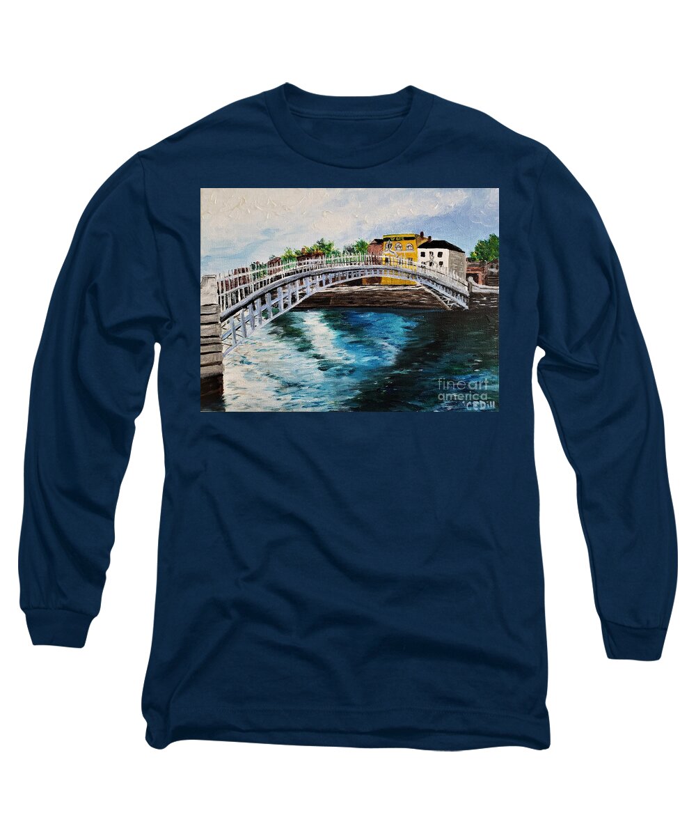 Ireland Long Sleeve T-Shirt featuring the painting Ha'Penny Bridge, Dublin, Ireland by C E Dill