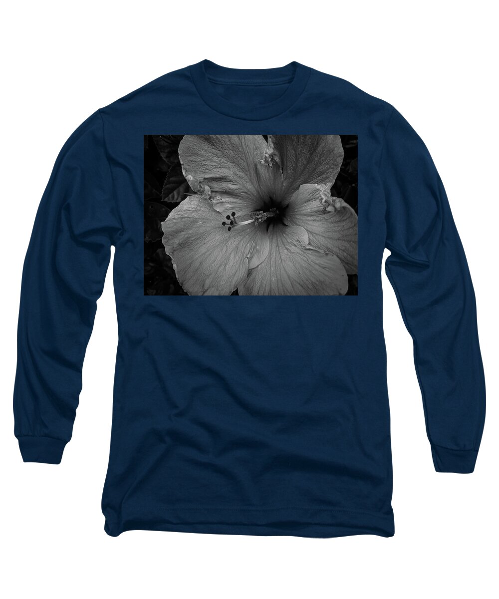 Hibiscusinpink Long Sleeve T-Shirt featuring the photograph Hibiscus in Black and White by Vicky Edgerly