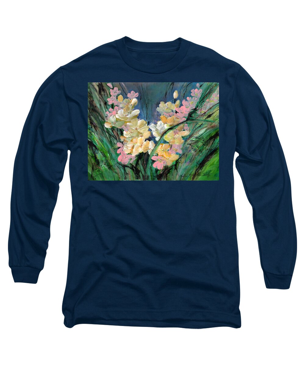Flowers. Dancing Long Sleeve T-Shirt featuring the painting Imaginary Garden - Dancing in the Wind by Charlene Fuhrman-Schulz
