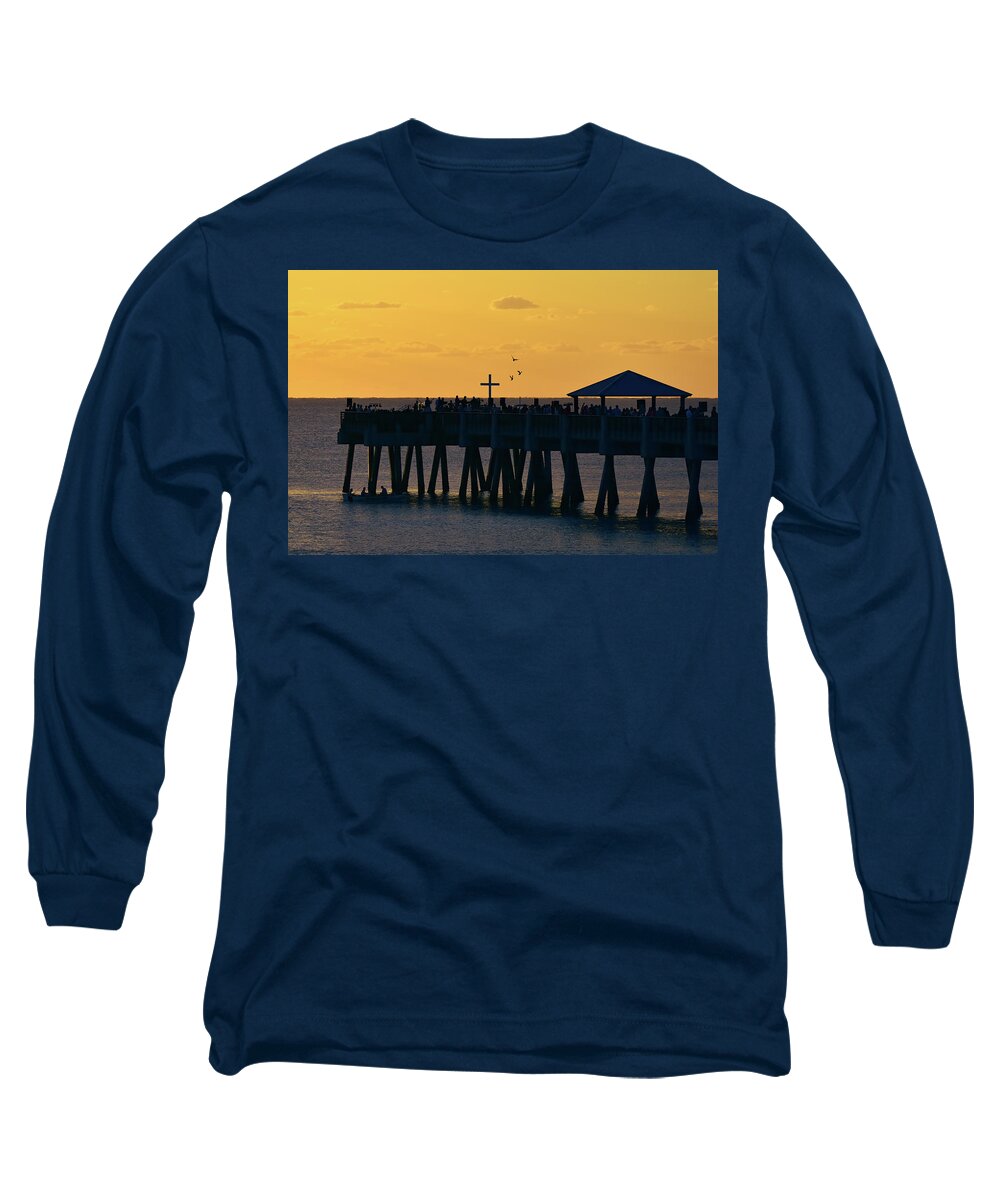 Juno Beach Pier Long Sleeve T-Shirt featuring the photograph Juno Beach Pier Easter Sunset Pigeon Inflight by Kim Seng