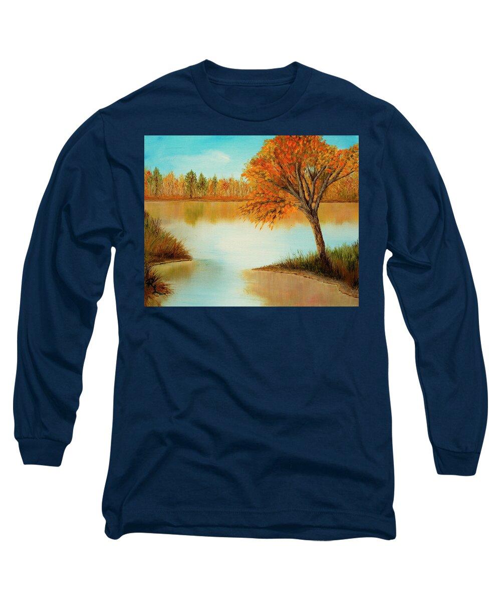 Lake Long Sleeve T-Shirt featuring the painting Lakeside in Fall by Renee Logan