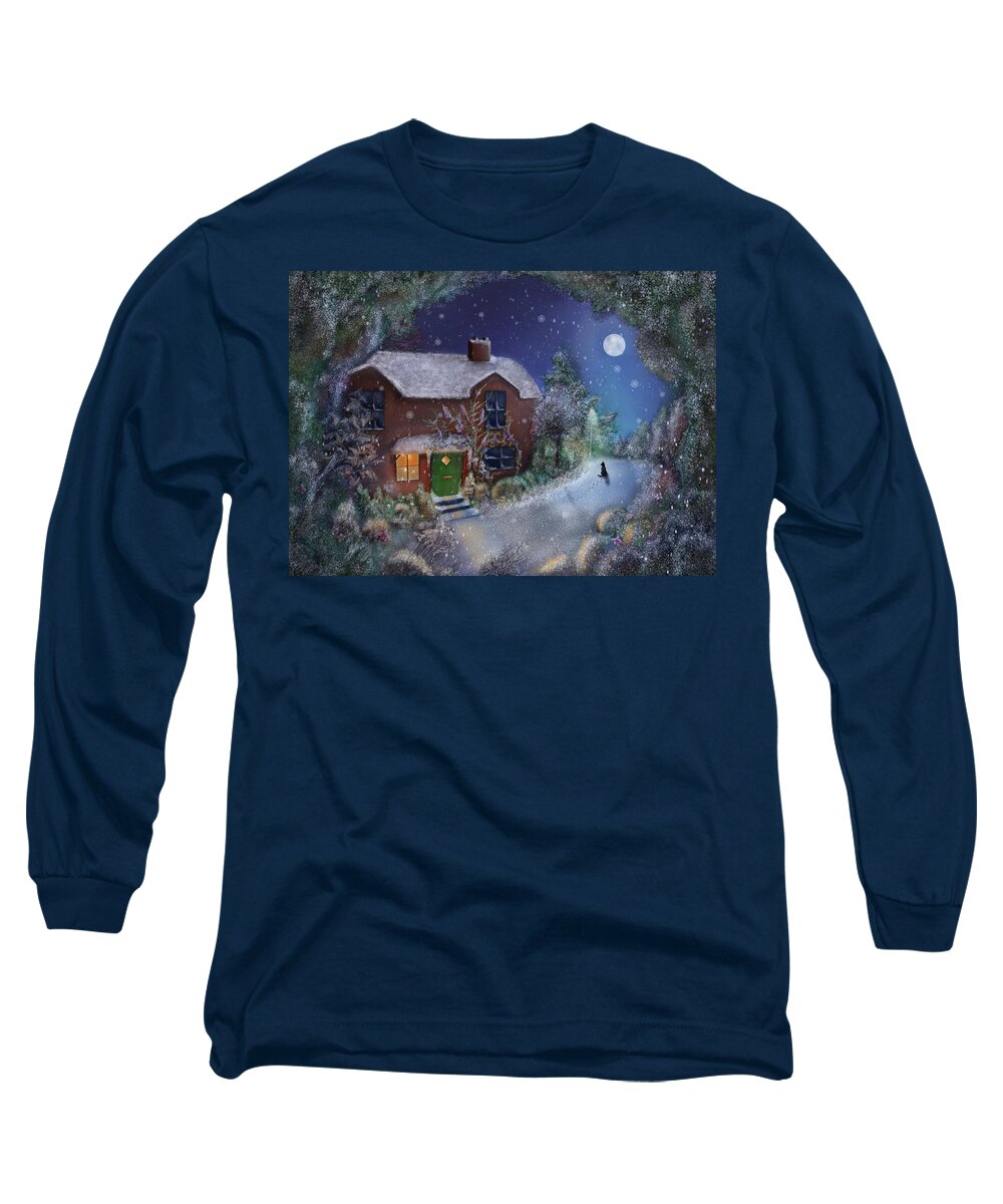 A Cosy Country Cottage Nestles In Amongst The Tree As The Snow Gently Drifts Down Coating All Insight With A Magical Long Sleeve T-Shirt featuring the painting Let it Snow by Rachel Emmett