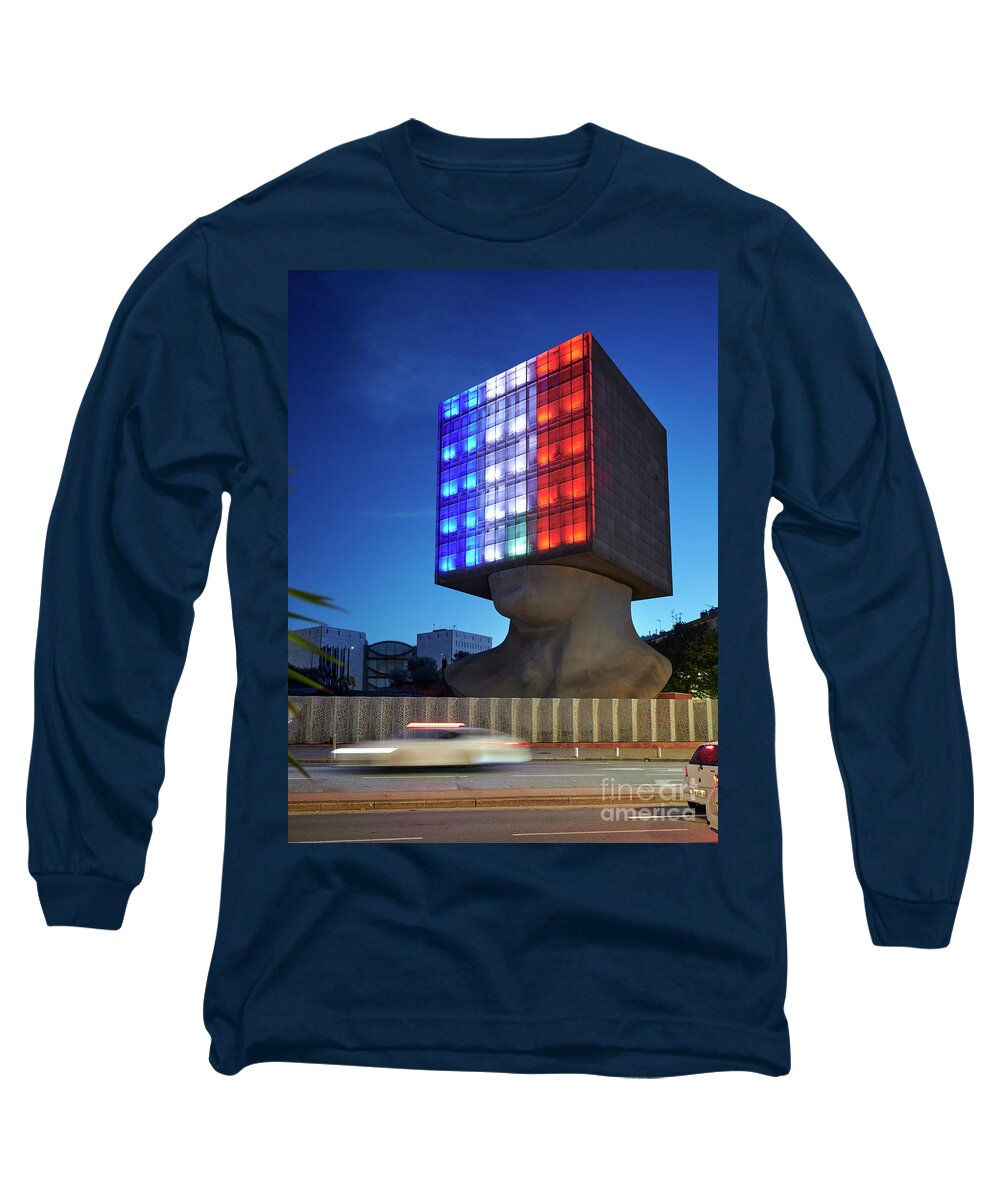 Louis Nucera Library Long Sleeve T-Shirt featuring the photograph Louis Nucera Library on Nice at night with French flag colors by Jose Rey