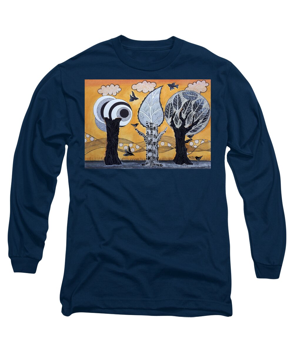 Illustration Long Sleeve T-Shirt featuring the painting Lovely trees and birds. by Graciela Bello