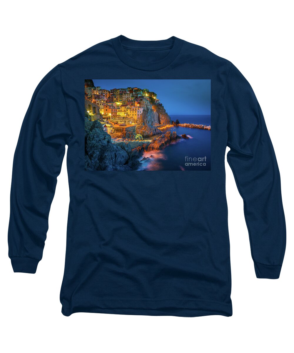 Cinque Terre Long Sleeve T-Shirt featuring the photograph Manarola by night by Inge Johnsson