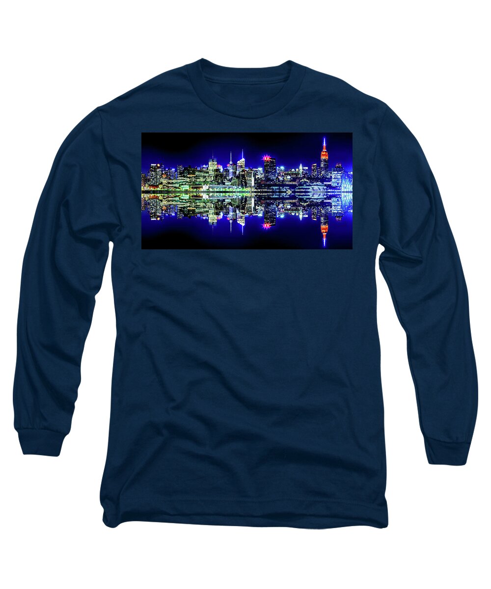 New York City Skyline At Night Long Sleeve T-Shirt featuring the photograph Manhattan Cityscape Reflections by Az Jackson