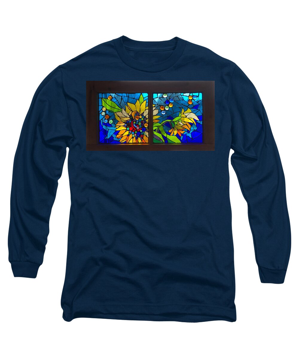Mosaic Long Sleeve T-Shirt featuring the glass art Mosaic stained glass - Sunflowers by Catherine Van Der Woerd