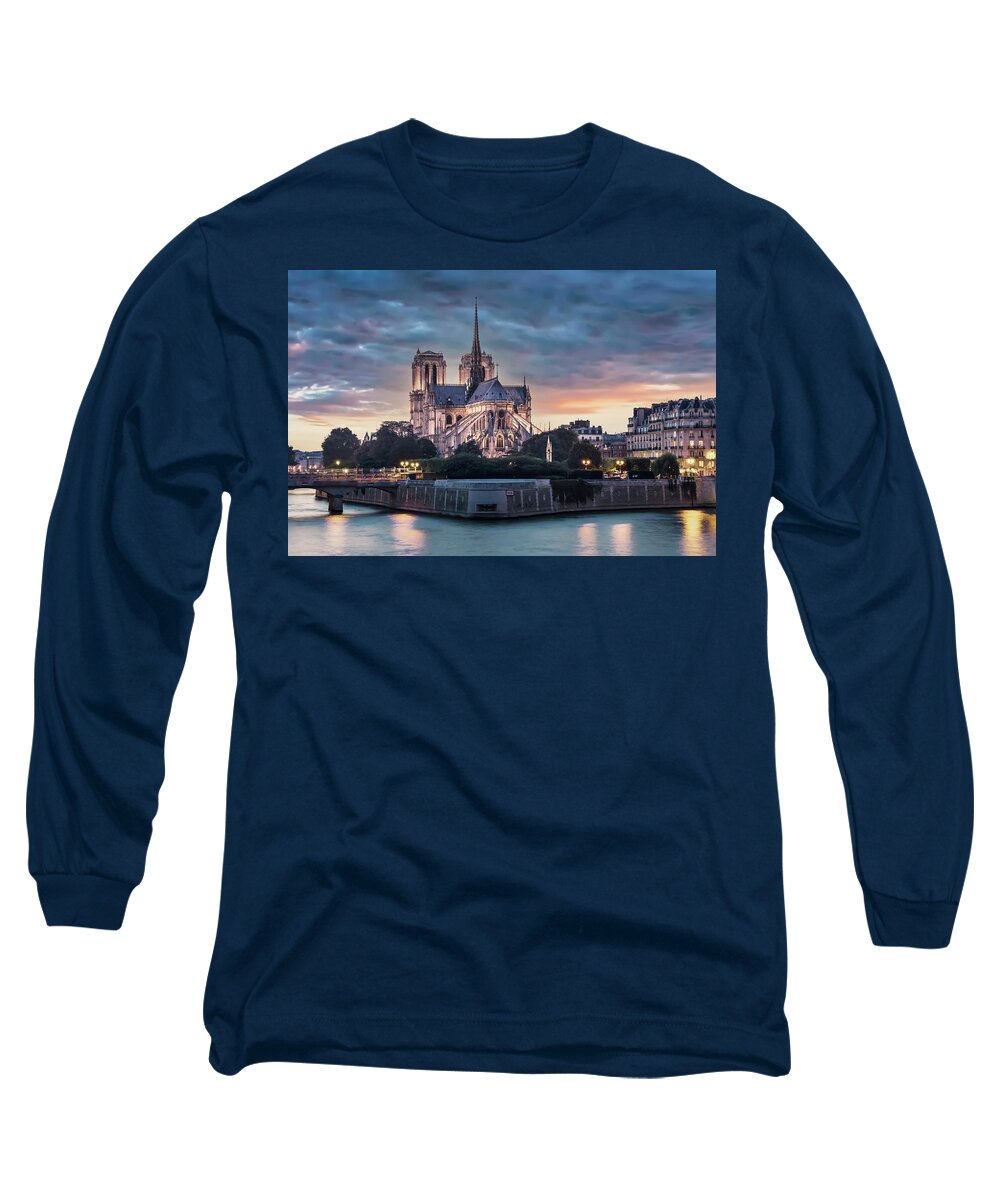 Ancient Long Sleeve T-Shirt featuring the photograph Notre-Dame Sunset by Manjik Pictures