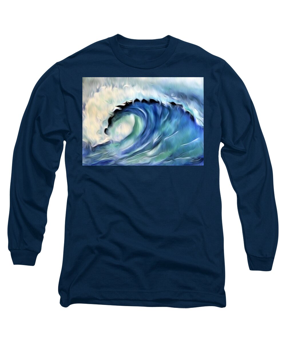 Ocean Wave Long Sleeve T-Shirt featuring the digital art Ocean Wave Abstract - Blue by Ronald Mills
