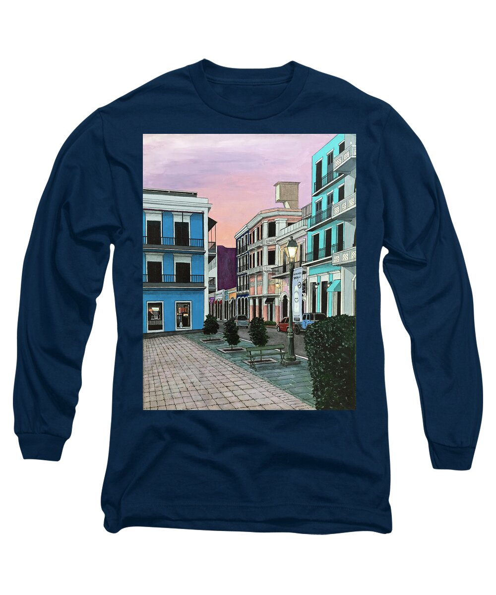 Puerto Rico Long Sleeve T-Shirt featuring the painting Old San Juan at Dusk by Mr Dill