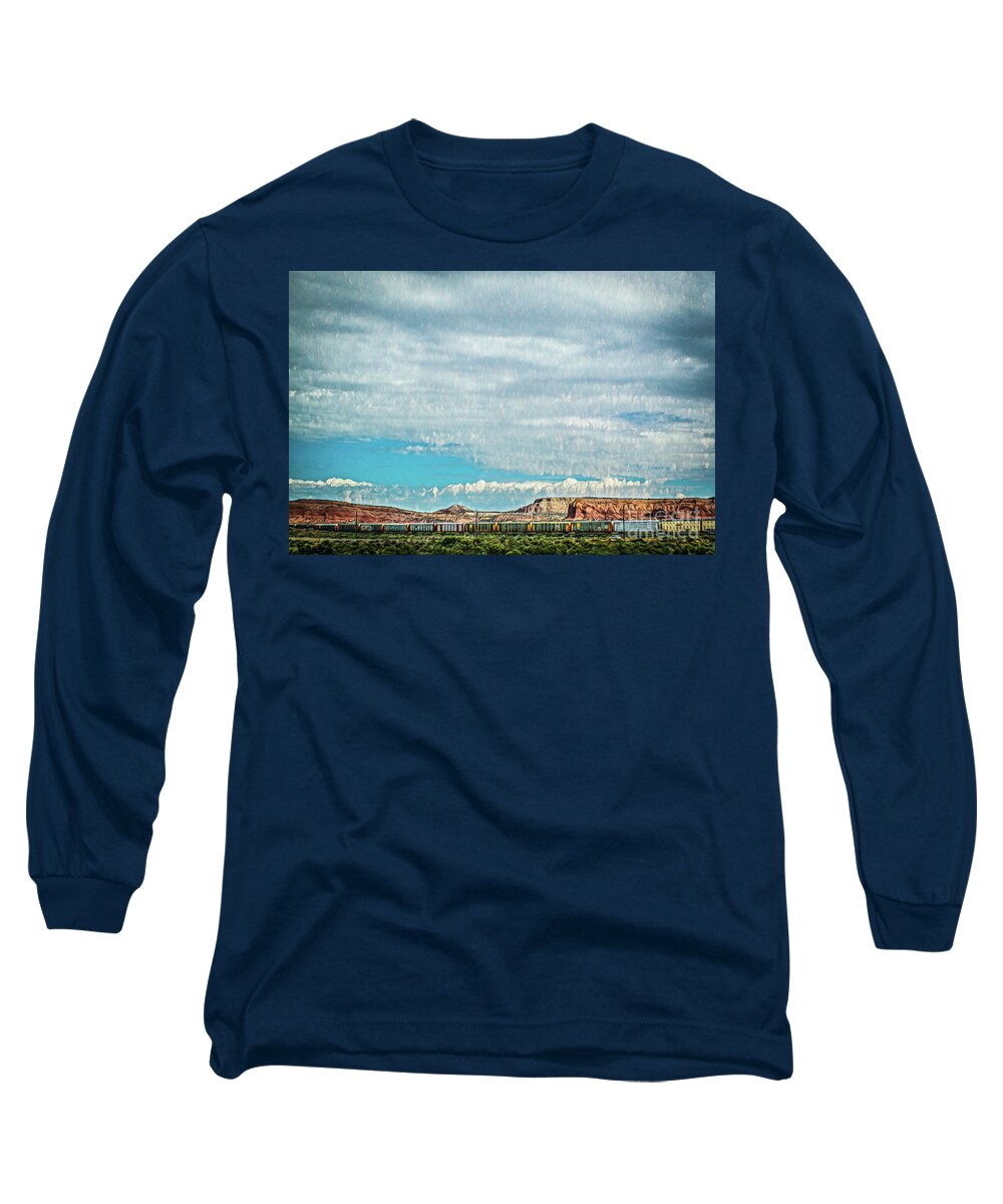 Ssouthwest Long Sleeve T-Shirt featuring the photograph Panoramic of Train on tracks in southwestern United States with by Susan Vineyard