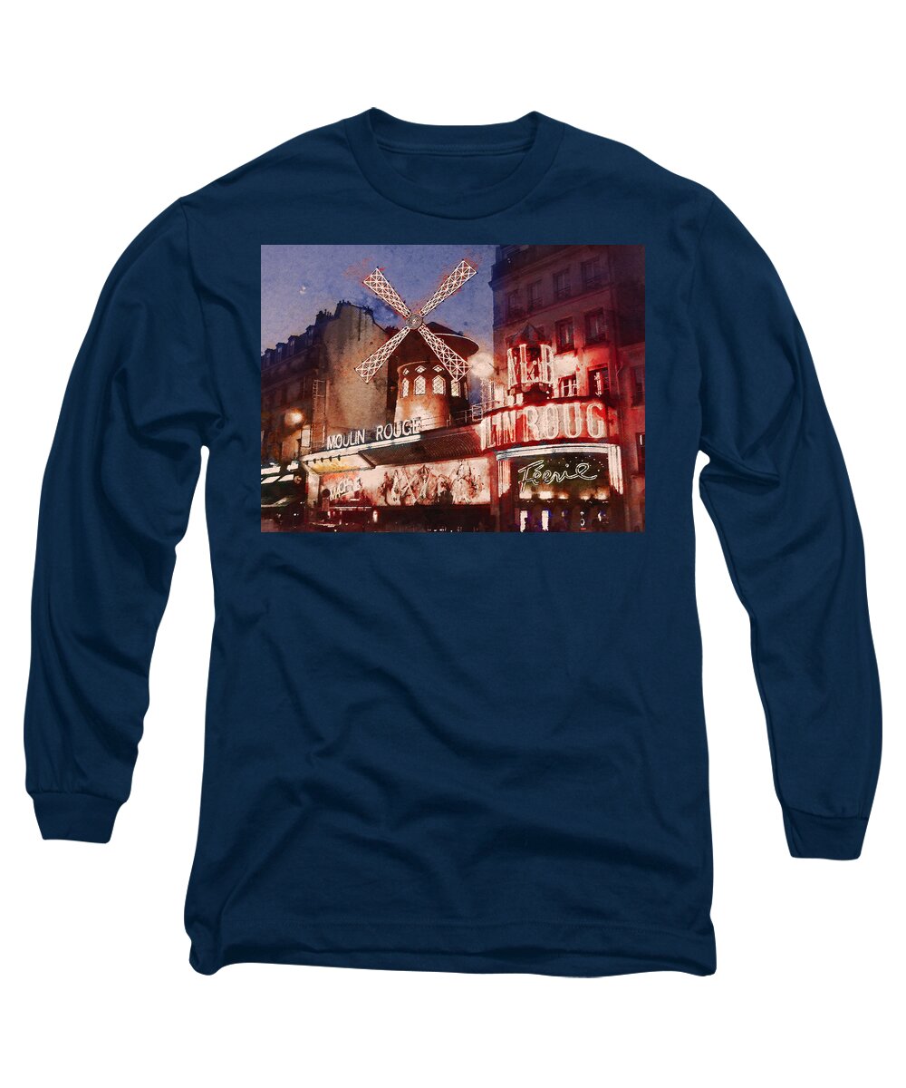 Moulin Rouge Long Sleeve T-Shirt featuring the painting Paris. Moulin Rouge. by Alex Mir