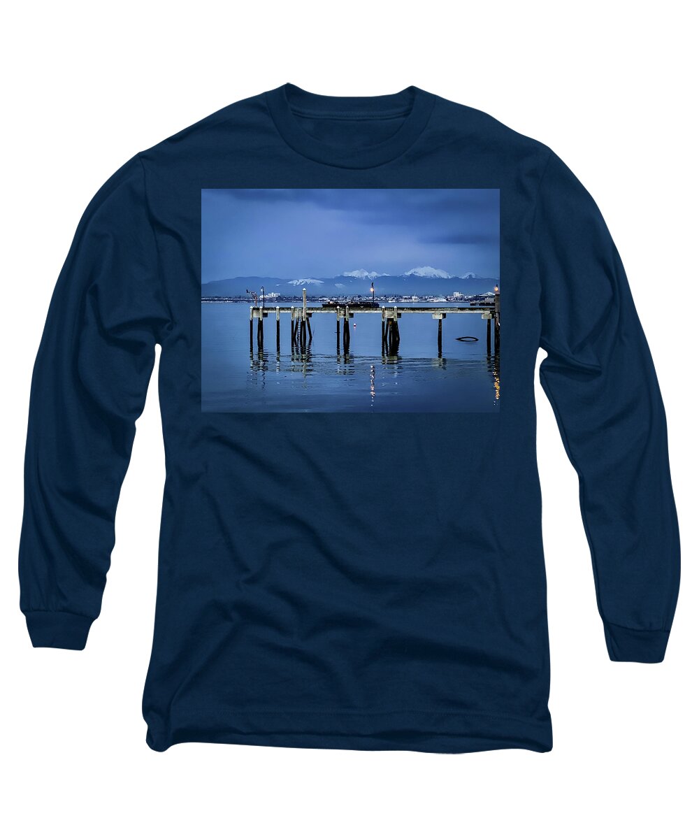 Pier Long Sleeve T-Shirt featuring the photograph Pier and Mountains by Anamar Pictures