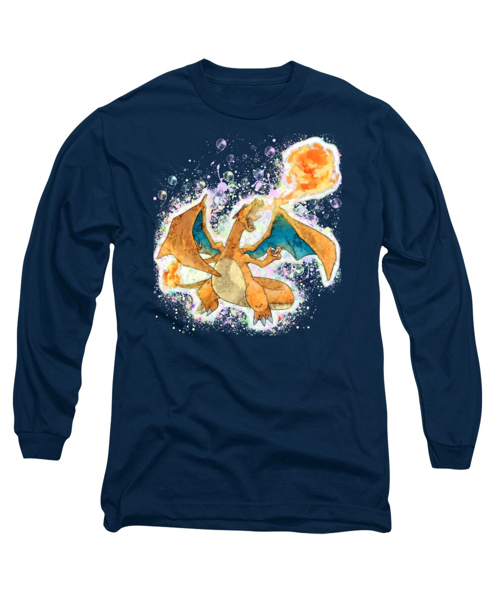 Pokemon Long Sleeve T-Shirt featuring the digital art Pokemon Charizard Abstract Paint Sketch by Stefano Senise