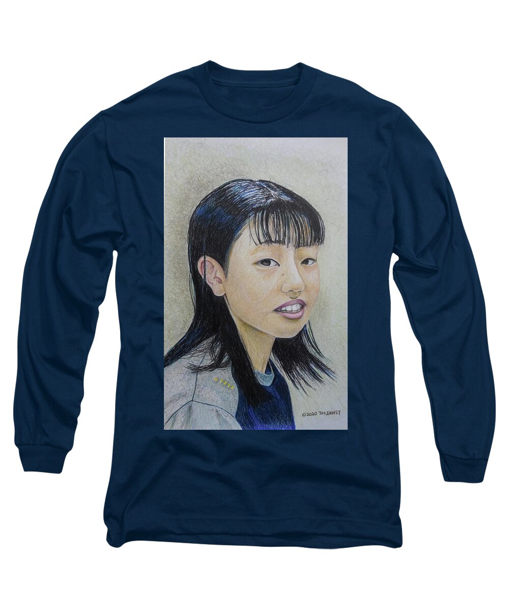 Girl Long Sleeve T-Shirt featuring the drawing portait of Yui by Tim Ernst