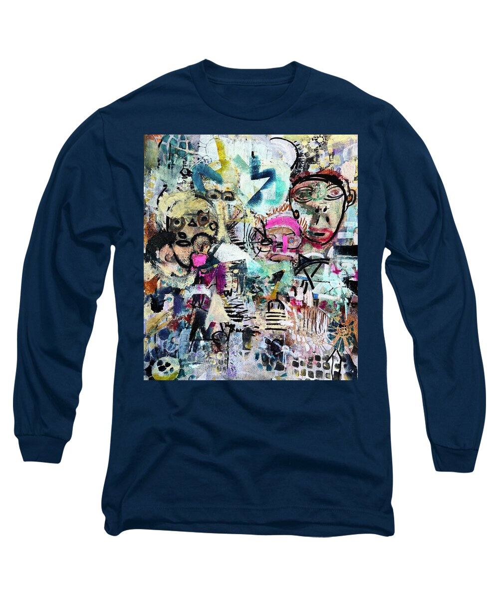 Faces Long Sleeve T-Shirt featuring the painting Puzzled People by Tommy McDonell