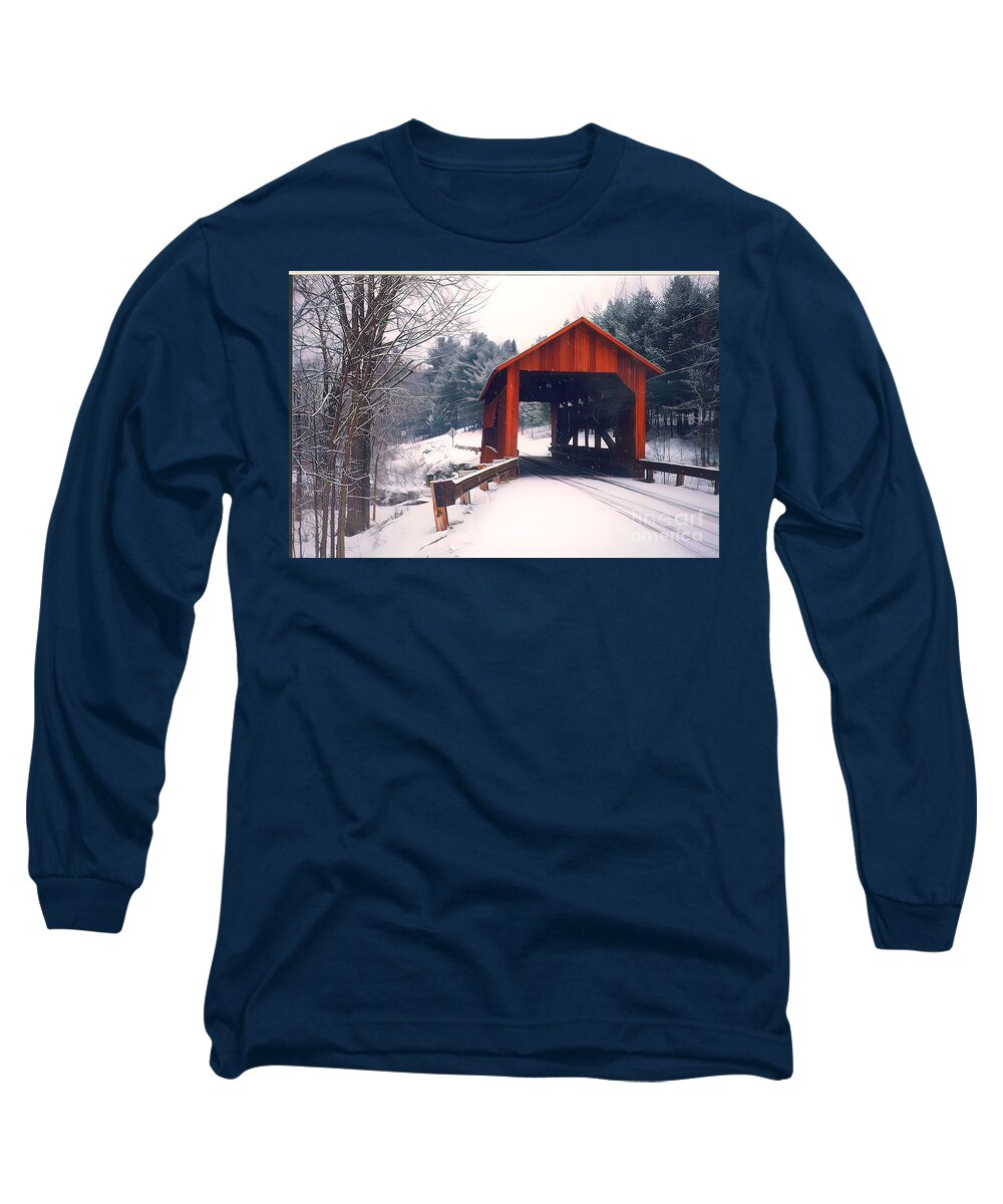 Covered Bridges Long Sleeve T-Shirt featuring the photograph Red Covered Bridge - Vermont by Scott Cameron